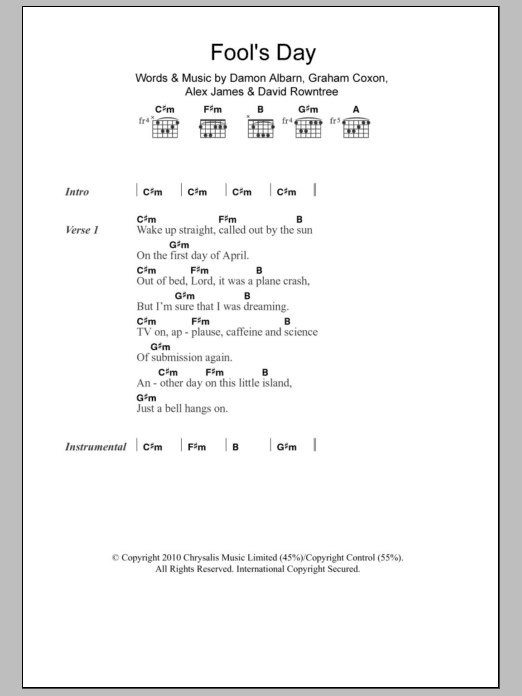 Blur Fool's Day sheet music notes and chords. Download Printable PDF.