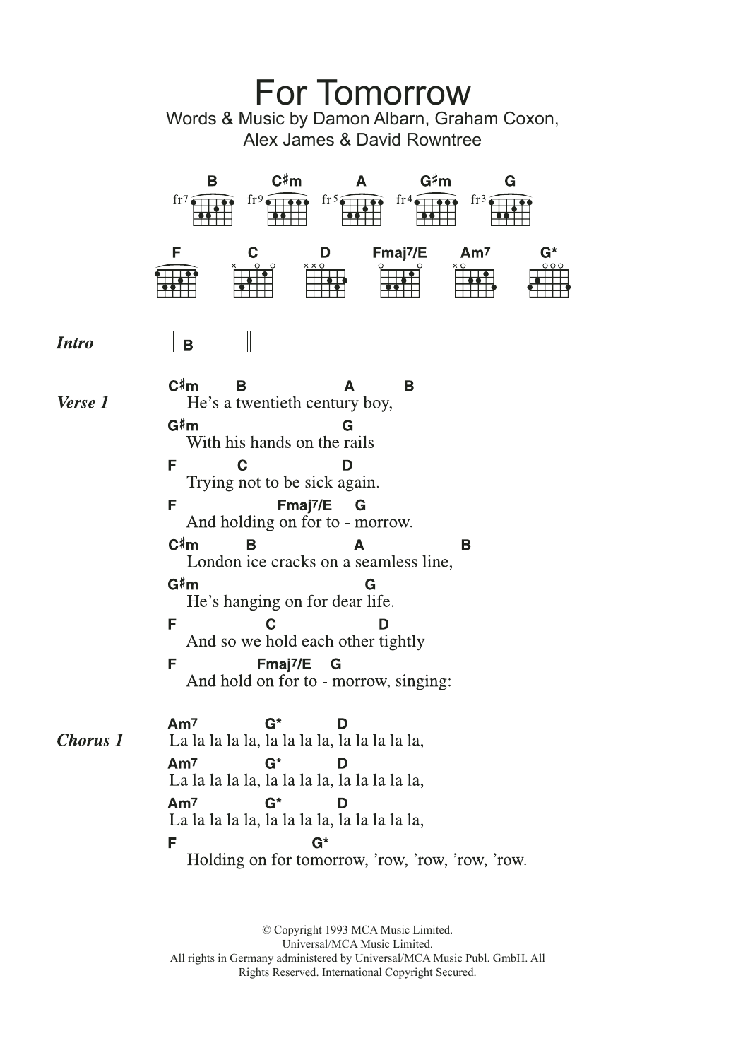 Blur For Tomorrow sheet music notes and chords. Download Printable PDF.