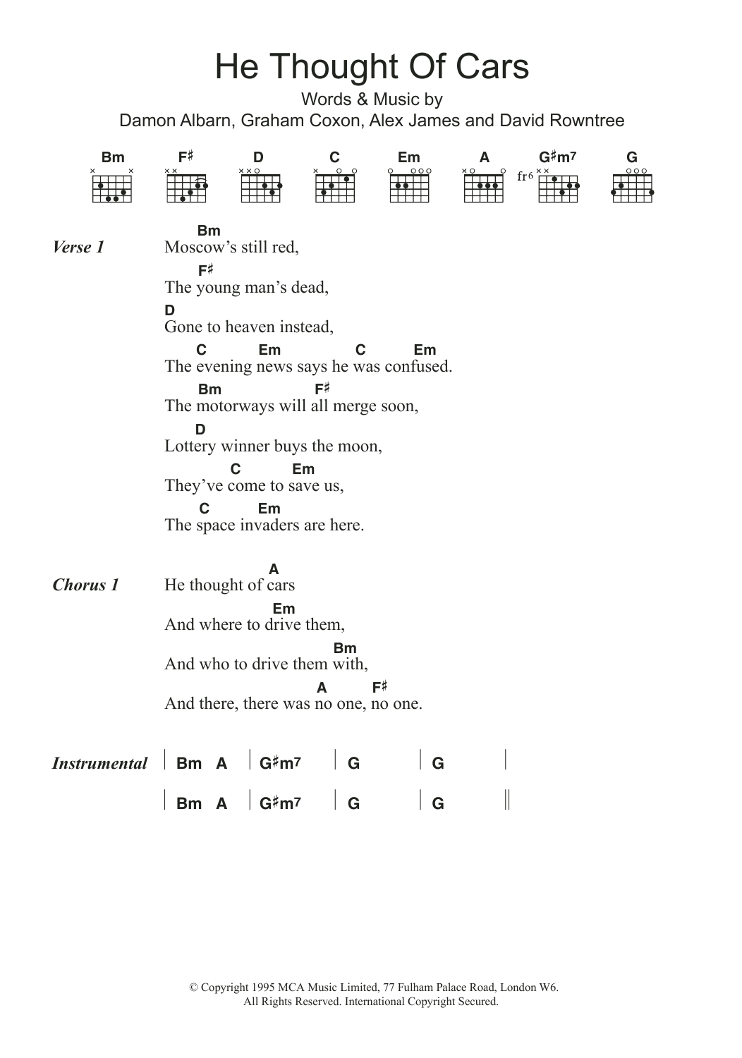 Blur He Thought Of Cars sheet music notes and chords. Download Printable PDF.