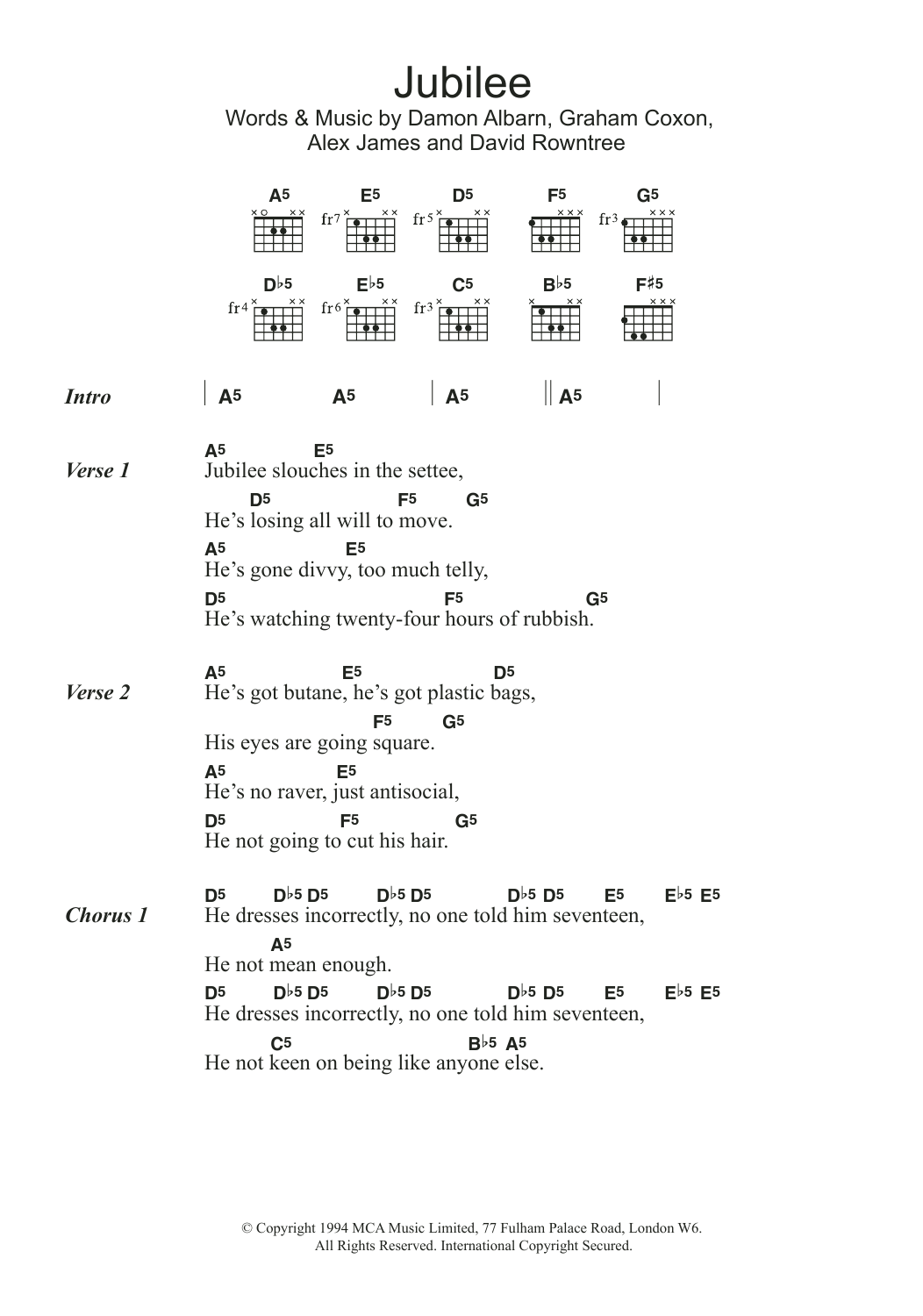 Blur Jubilee sheet music notes and chords. Download Printable PDF.