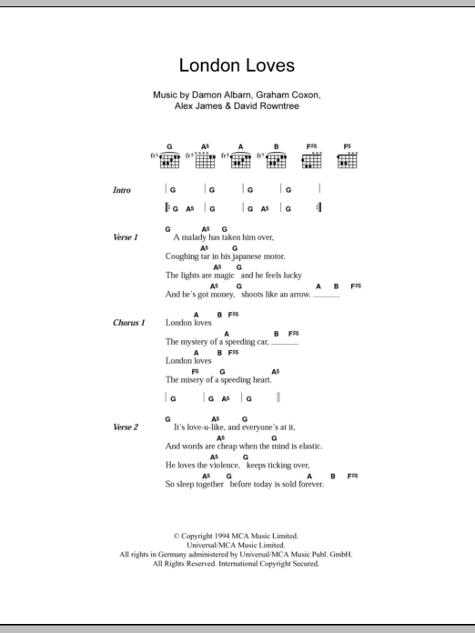 Blur London Loves sheet music notes and chords. Download Printable PDF.