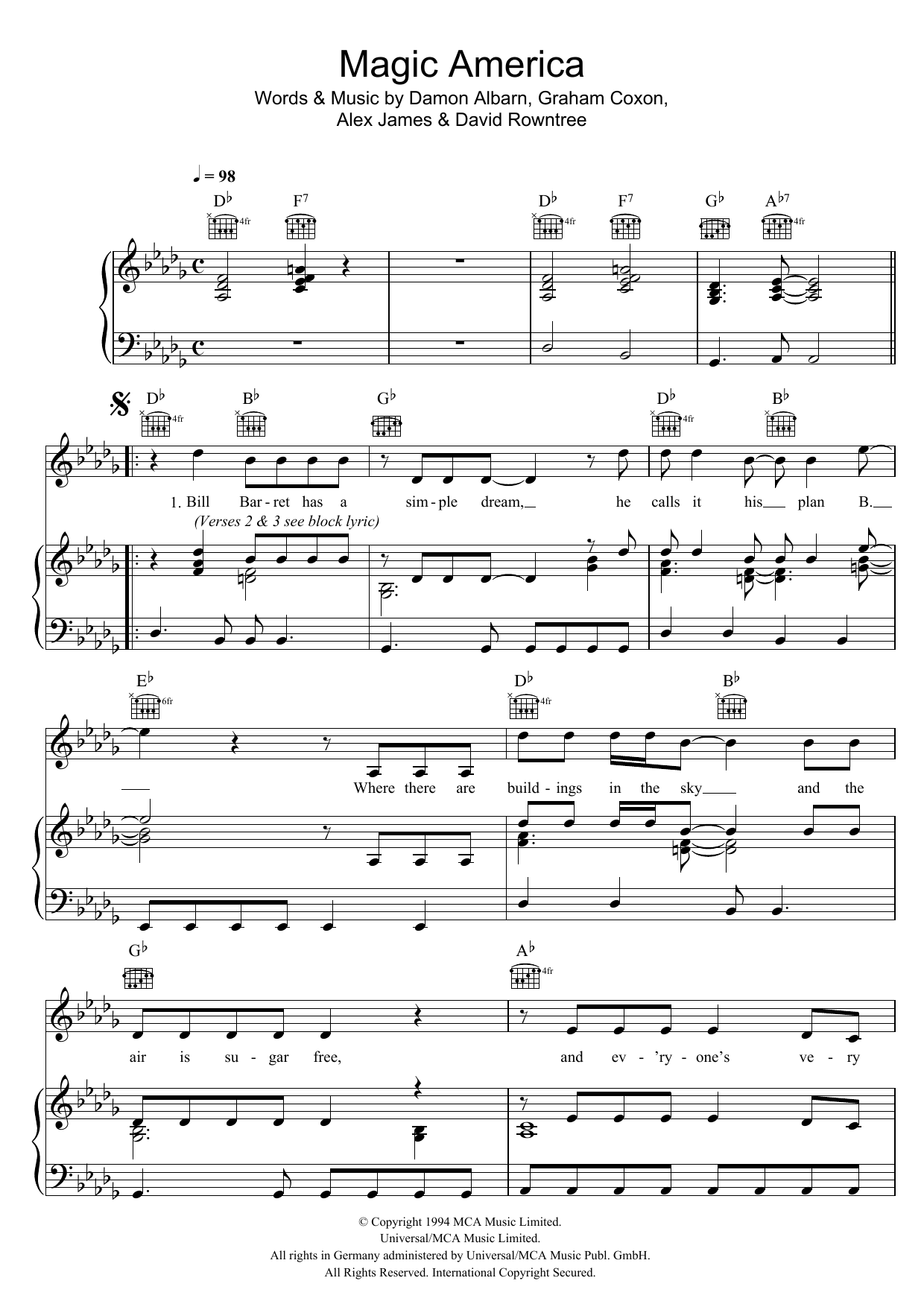 Learn to play Blur Magic America sheet music for Piano, Vocal & Guitar Chords in minutes. Price: 7.8900$ Blur Magic America sheet music notes and chords arranged for Piano, Vocal & Guitar Chords