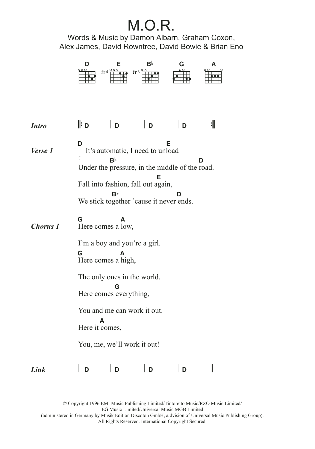 Learn to play Blur M.O.R. sheet music for Guitar Chords/Lyrics in minutes. Price: 4.4900$ Blur M.O.R. sheet music notes and chords arranged for Guitar Chords/Lyrics