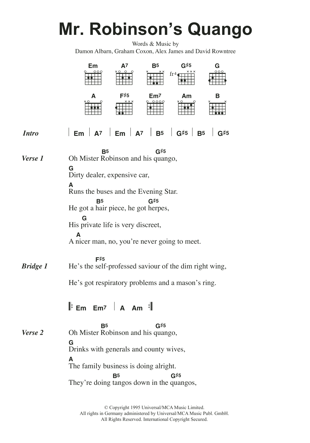 Blur Mr. Robinson's Quango sheet music notes and chords arranged for Piano, Vocal & Guitar Chords