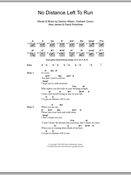 Blur No Distance Left To Run sheet music notes and chords. Download Printable PDF.