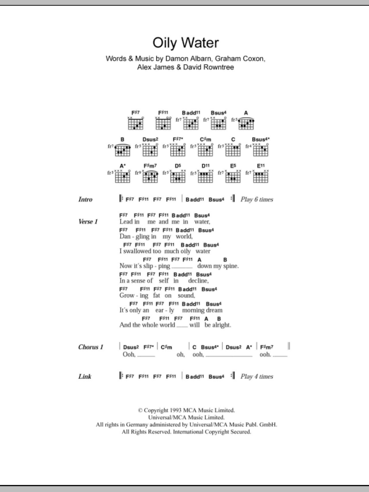 Blur Oily Water sheet music notes and chords. Download Printable PDF.