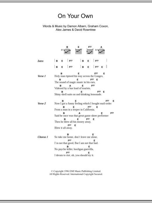 Blur On Your Own sheet music notes and chords. Download Printable PDF.