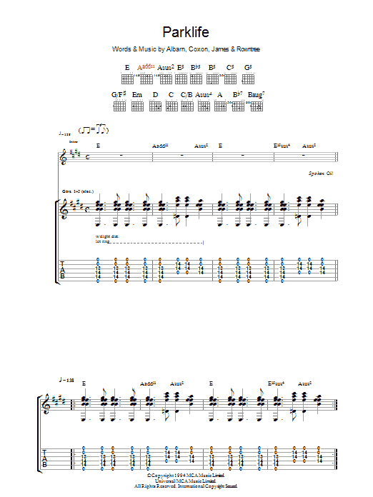 Blur Parklife sheet music notes and chords. Download Printable PDF.