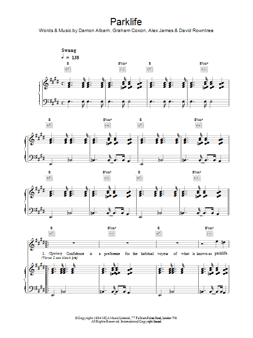 Blur Parklife sheet music notes and chords. Download Printable PDF.