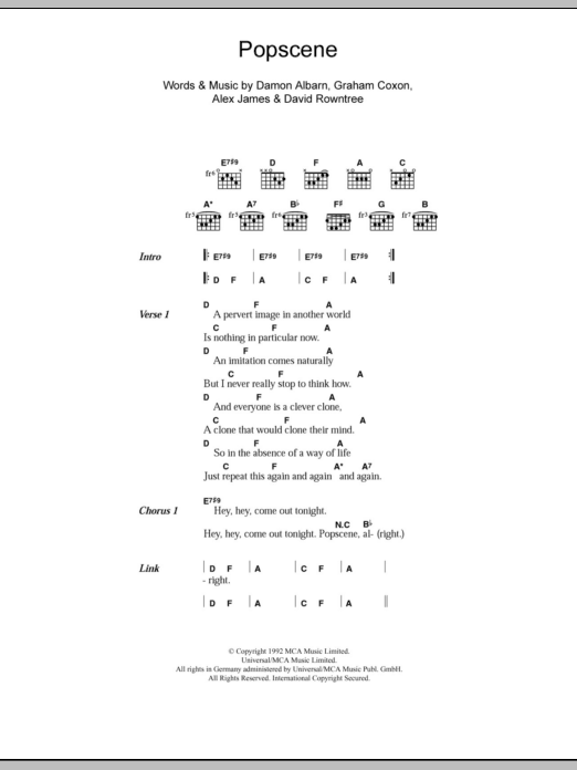 Blur Popscene sheet music notes and chords. Download Printable PDF.