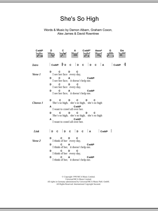 Blur She's So High sheet music notes and chords. Download Printable PDF.