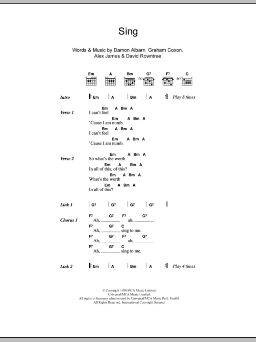 Blur Sing sheet music notes and chords. Download Printable PDF.