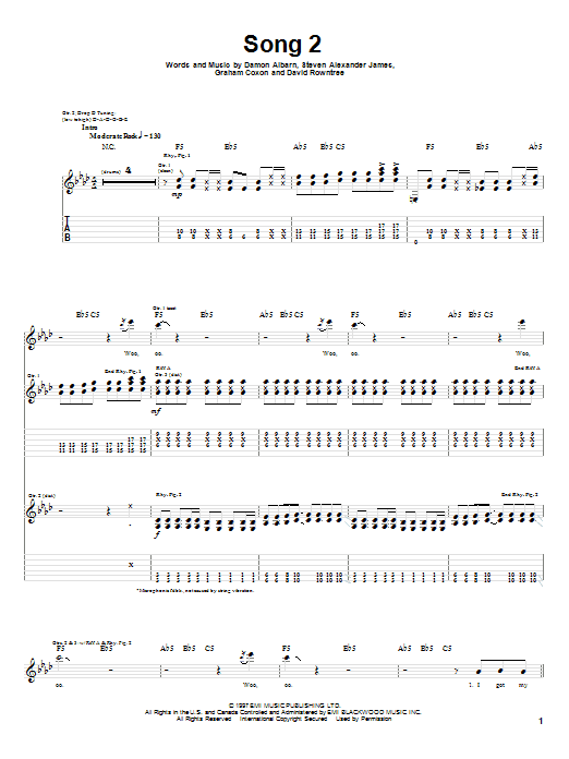 Blur Song 2 sheet music notes and chords. Download Printable PDF.