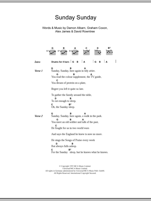 Blur Sunday Sunday sheet music notes and chords. Download Printable PDF.