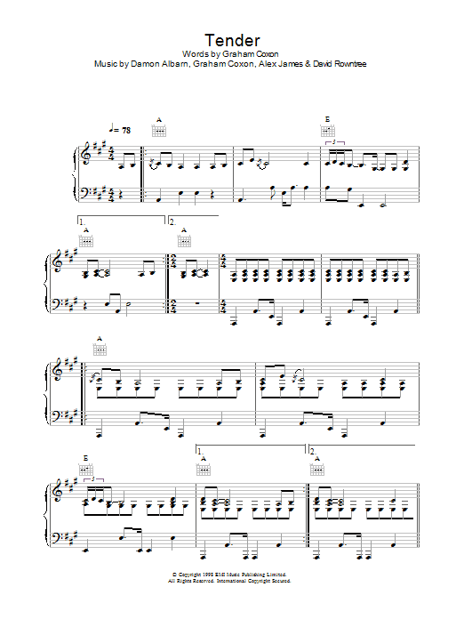 Blur Tender sheet music notes and chords. Download Printable PDF.