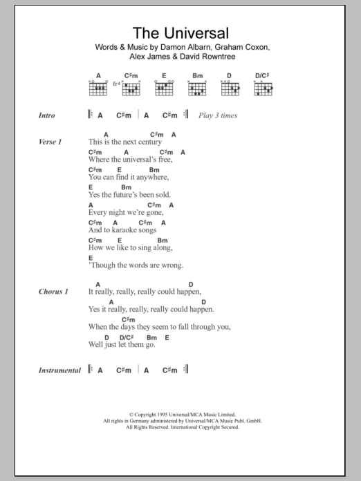 Blur The Universal sheet music notes and chords. Download Printable PDF.