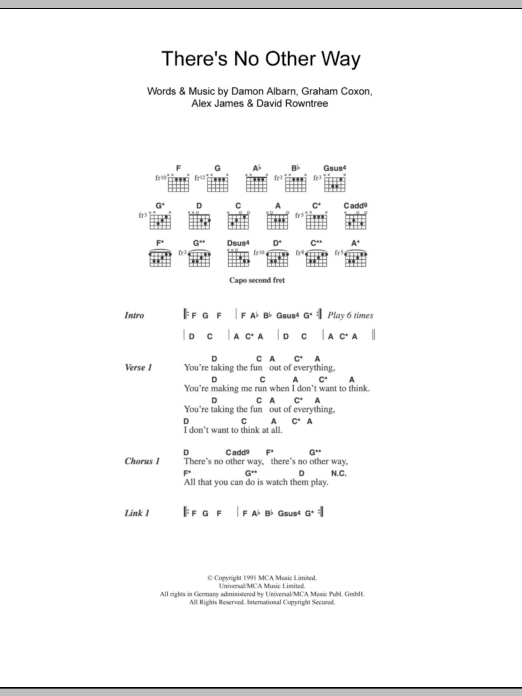 Blur There's No Other Way sheet music notes and chords. Download Printable PDF.