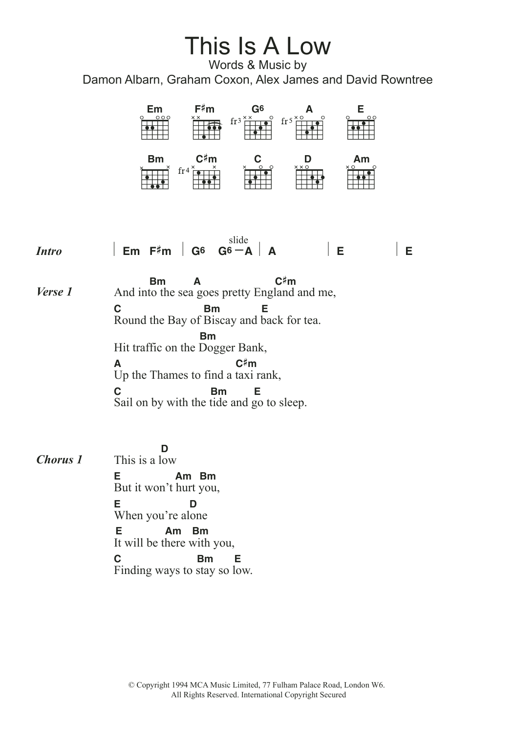 Blur This Is A Low sheet music notes and chords. Download Printable PDF.