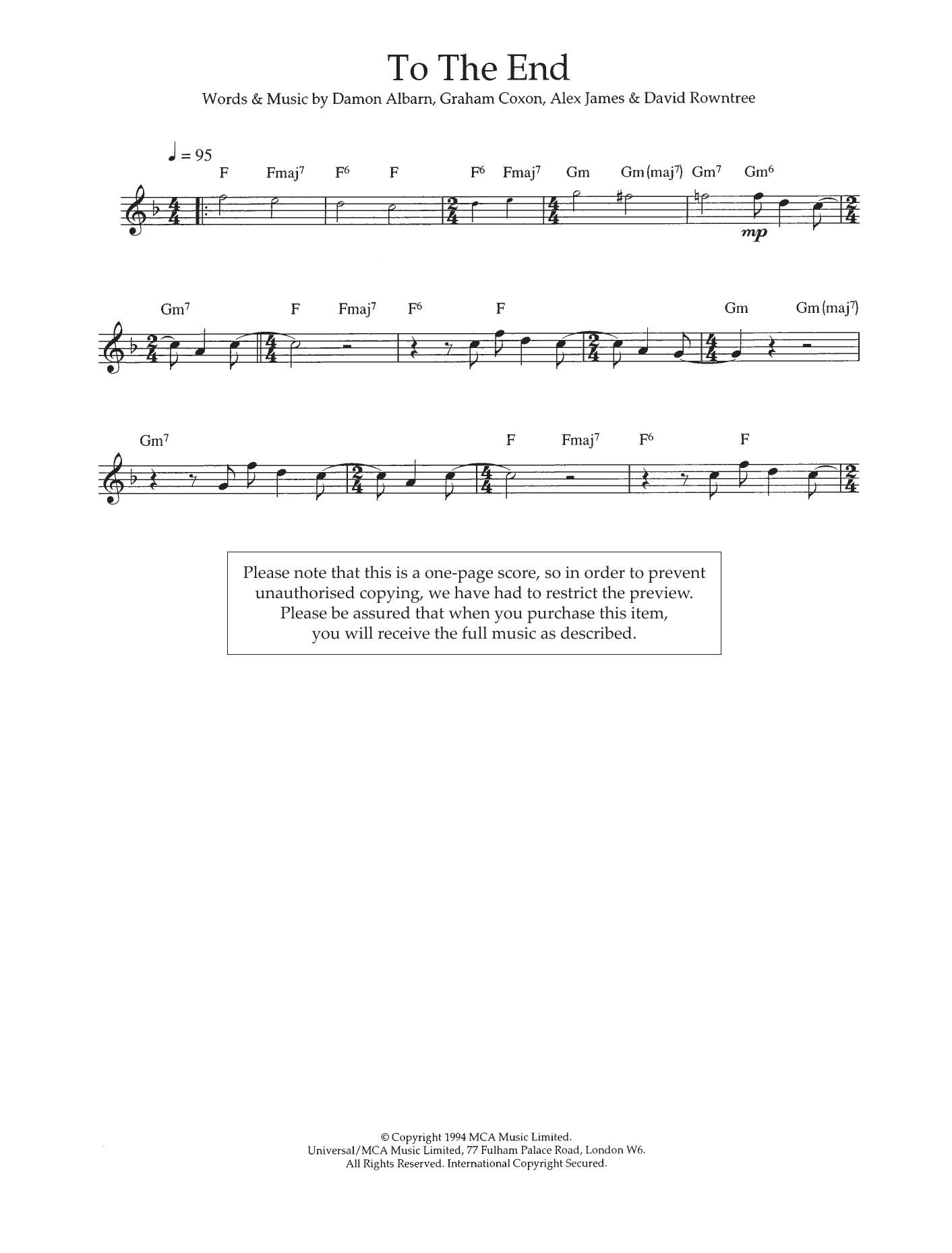 Blur To The End sheet music notes and chords. Download Printable PDF.