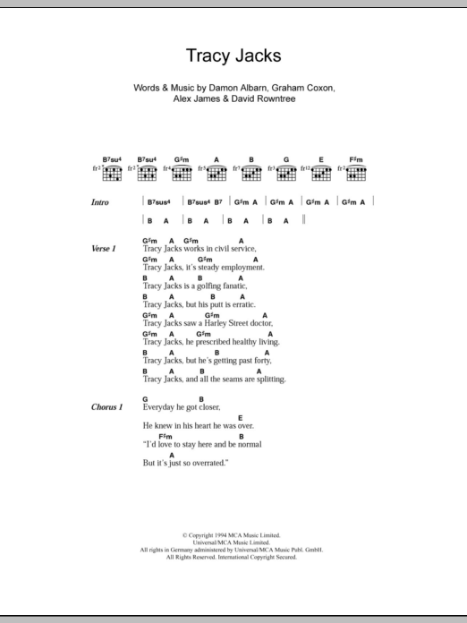 Blur Tracy Jacks sheet music notes and chords. Download Printable PDF.