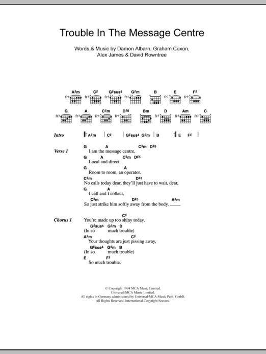 Blur Trouble In The Message Centre sheet music notes and chords. Download Printable PDF.