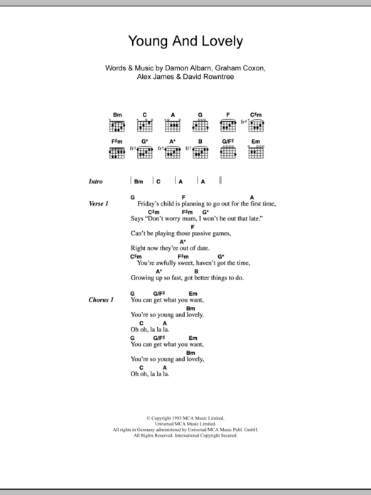 Blur Young And Lovely sheet music notes and chords. Download Printable PDF.