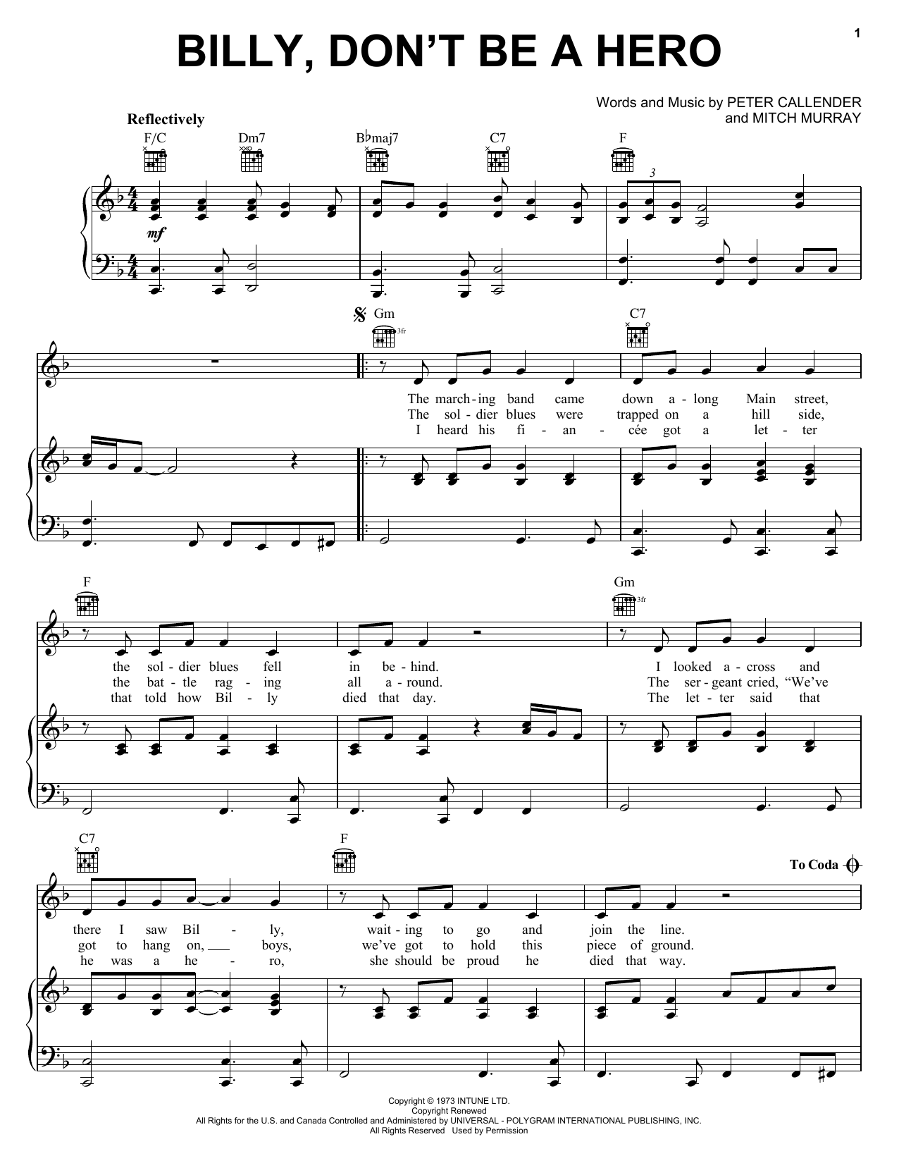 Bo Donaldson & The Heywoods Billy, Don't Be A Hero sheet music notes and chords. Download Printable PDF.