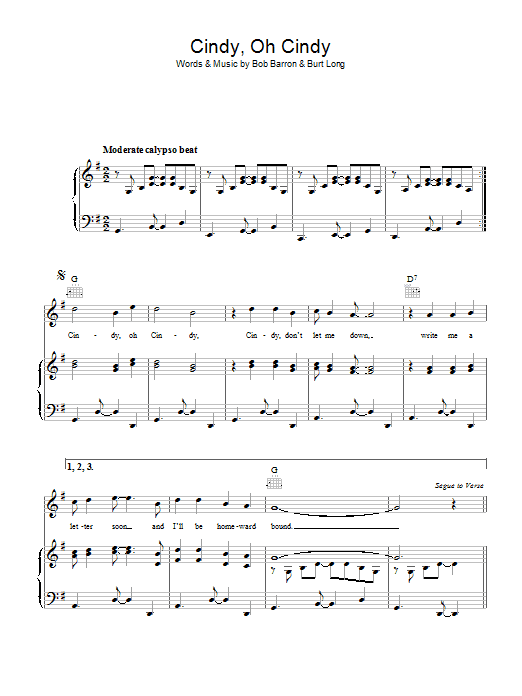 Learn to play Bob Barron Cindy, Oh Cindy sheet music for Piano, Vocal & Guitar Chords in minutes. Price: 7.8900$ Bob Barron Cindy, Oh Cindy sheet music notes and chords arranged for Piano, Vocal & Guitar Chords