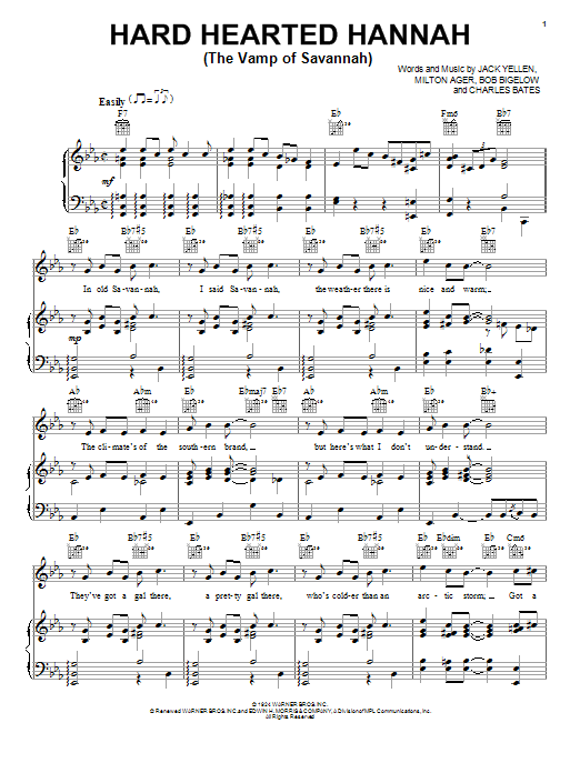 Bob Bigelow Hard Hearted Hannah (The Vamp Of Savannah) sheet music notes and chords. Download Printable PDF.