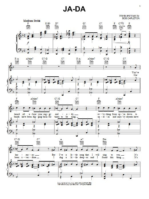 Bob Carleton Ja-Da sheet music notes and chords. Download Printable PDF.