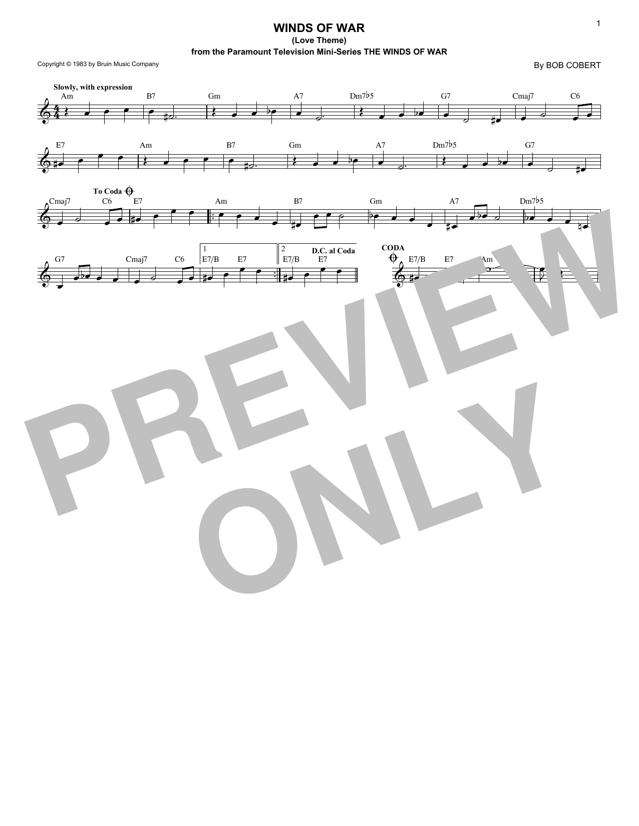 Bob Cobert Winds Of War (Love Theme) sheet music notes and chords. Download Printable PDF.