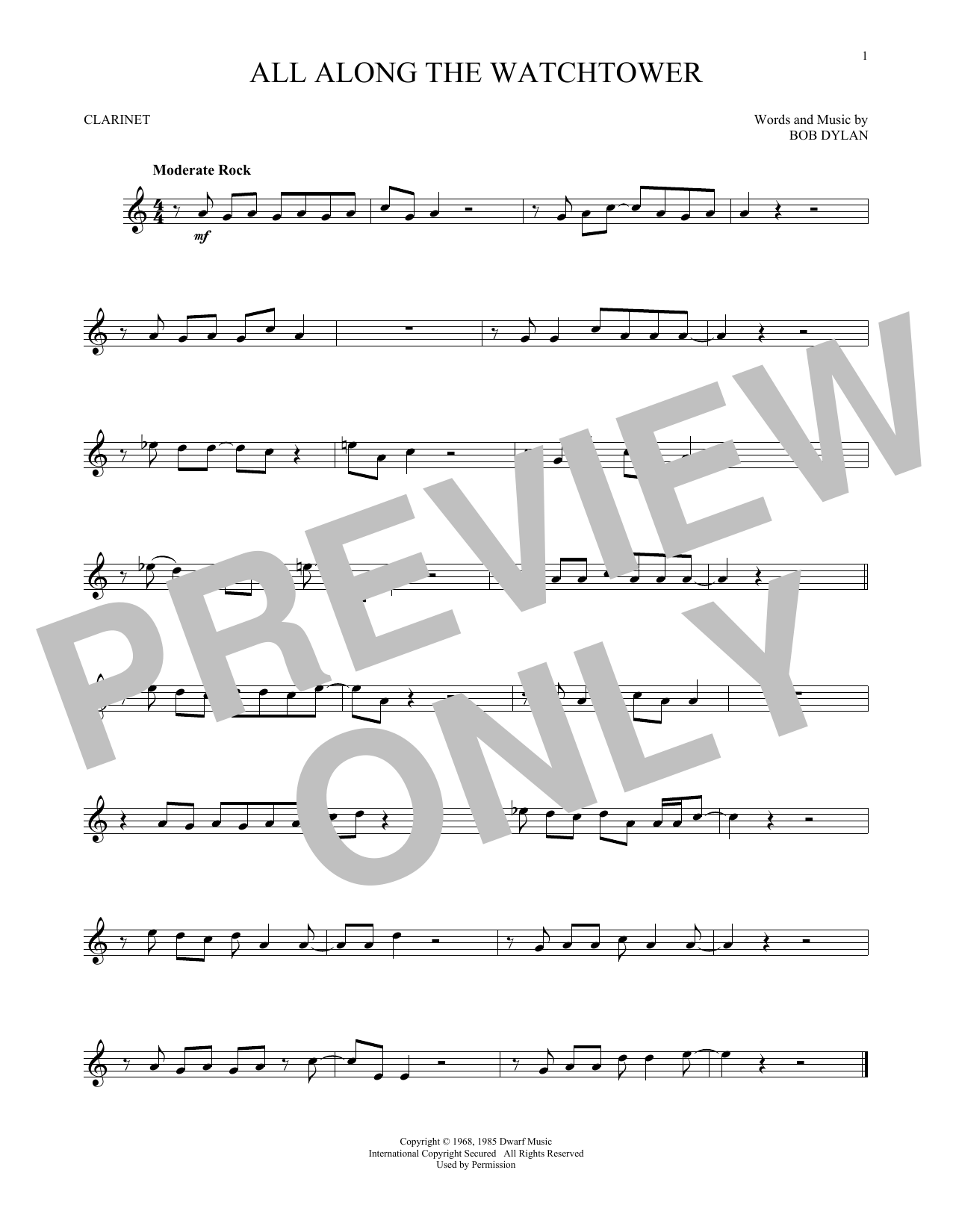 Bob Dylan All Along The Watchtower sheet music notes and chords. Download Printable PDF.