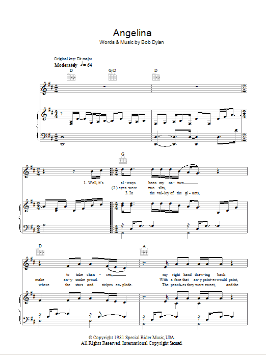 Bob Dylan Angelina sheet music notes and chords arranged for Piano, Vocal & Guitar Chords