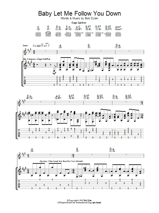 Learn to play Bob Dylan Baby Let Me Follow You Down sheet music for Guitar Tab in minutes. Price: 7.8900$ Bob Dylan Baby Let Me Follow You Down sheet music notes and chords arranged for Guitar Tab