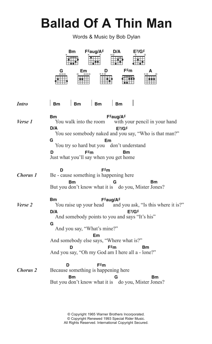 Bob Dylan Ballad Of A Thin Man sheet music notes and chords arranged for Guitar Chords/Lyrics