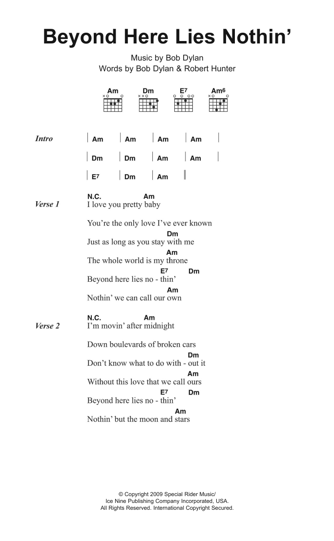Bob Dylan Beyond Here Lies Nothin' sheet music notes and chords arranged for Ukulele Chords/Lyrics