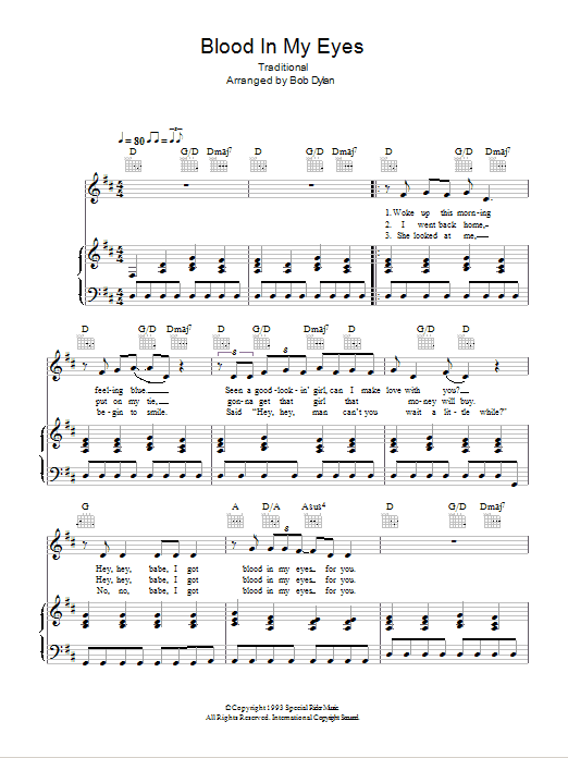 Bob Dylan Blood In My Eyes sheet music notes and chords arranged for Piano, Vocal & Guitar Chords