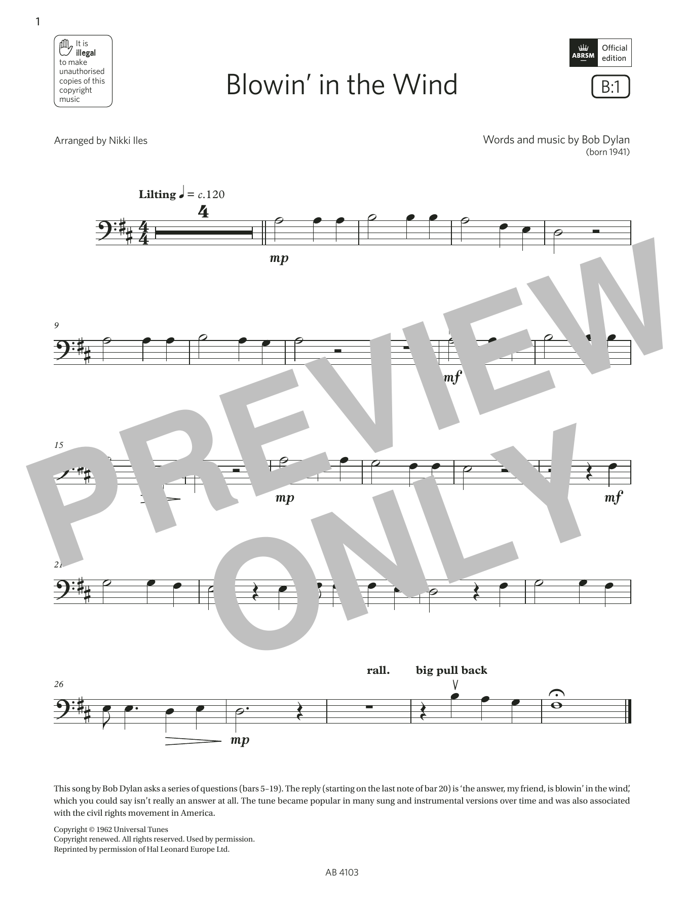 Bob Dylan Blowin' in the wind (Grade Initial, B1, from the ABRSM Cello Syllabus from 2024) sheet music notes and chords. Download Printable PDF.