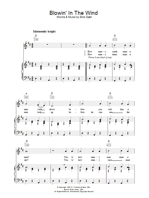 Bob Dylan Blowin' In The Wind sheet music notes and chords. Download Printable PDF.