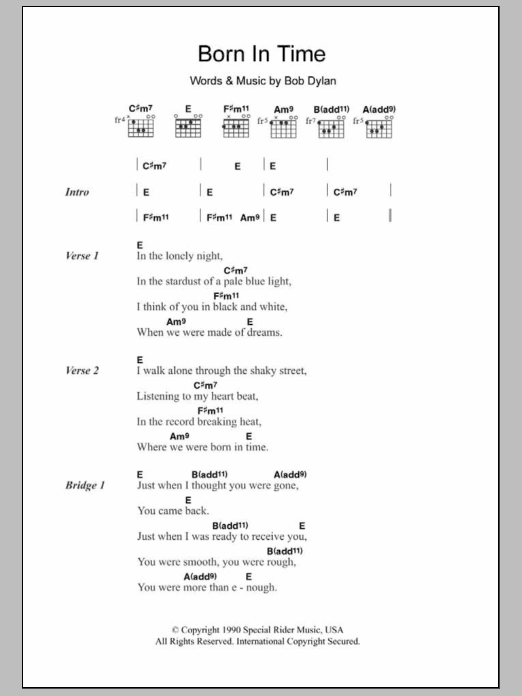 Bob Dylan Born In Time sheet music notes and chords arranged for Guitar Chords/Lyrics