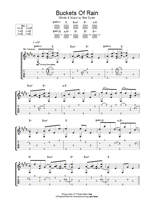 Learn to play Bob Dylan Buckets Of Rain sheet music for Guitar Tab in minutes. Price: 7.8900$ Bob Dylan Buckets Of Rain sheet music notes and chords arranged for Guitar Tab