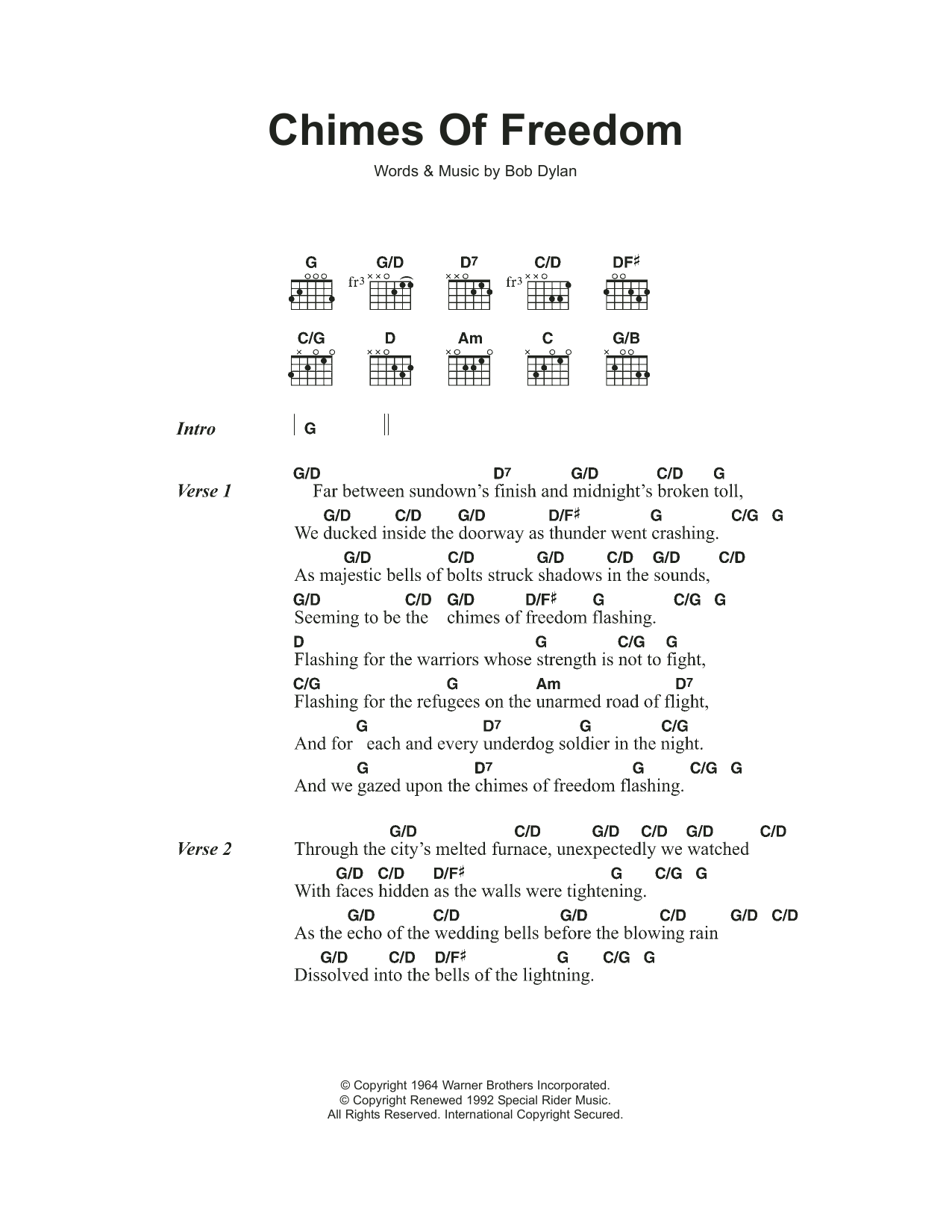 Bob Dylan Chimes Of Freedom sheet music notes and chords. Download Printable PDF.