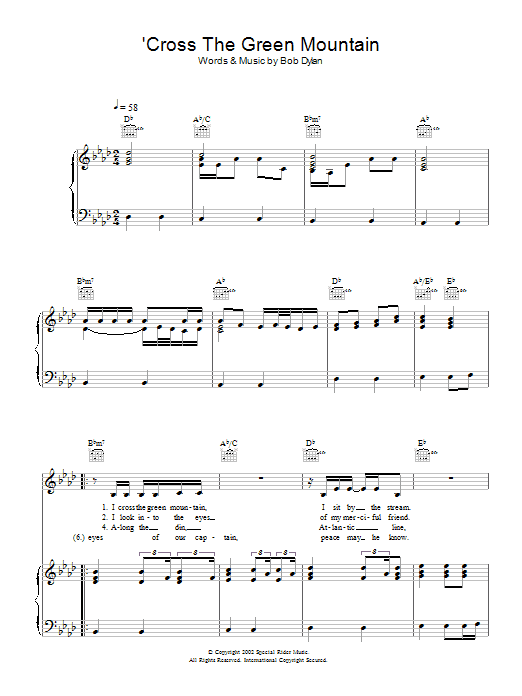 Learn to play Bob Dylan 'Cross Green Mountain sheet music for Piano, Vocal & Guitar Chords in minutes. Price: 7.8900$ Bob Dylan 'Cross Green Mountain sheet music notes and chords arranged for Piano, Vocal & Guitar Chords