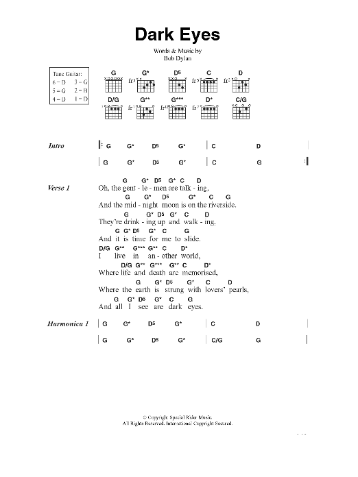 Bob Dylan Dark Eyes sheet music notes and chords. Download Printable PDF.