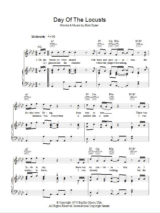 Bob Dylan Day Of The Locusts sheet music notes and chords arranged for Piano, Vocal & Guitar Chords