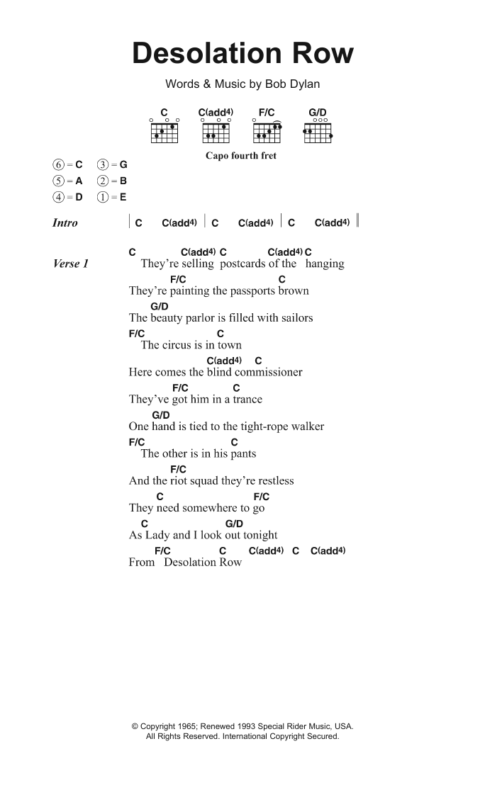 Bob Dylan Desolation Row sheet music notes and chords arranged for Piano, Vocal & Guitar Chords