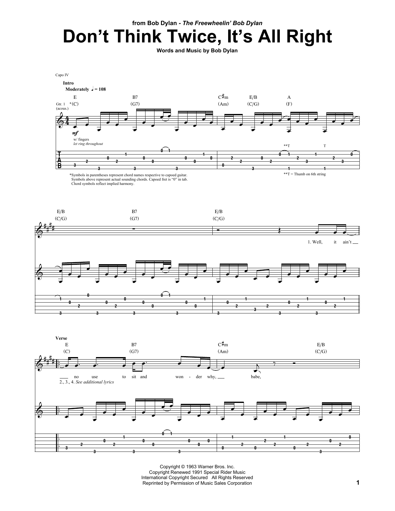 Bob Dylan Don't Think Twice, It's All Right sheet music notes and chords. Download Printable PDF.