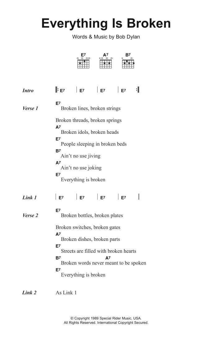 Bob Dylan Everything Is Broken sheet music notes and chords arranged for Piano, Vocal & Guitar Chords