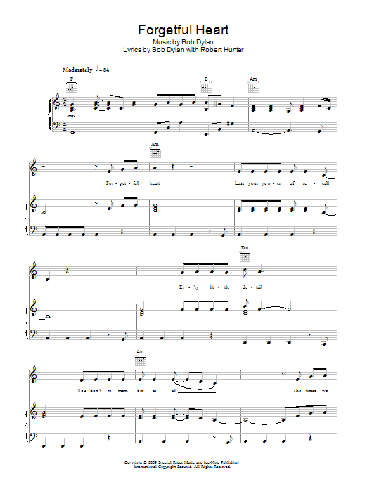 Learn to play Bob Dylan Forgetful Heart sheet music for Piano, Vocal & Guitar Chords in minutes. Price: 7.8900$ Bob Dylan Forgetful Heart sheet music notes and chords arranged for Piano, Vocal & Guitar Chords