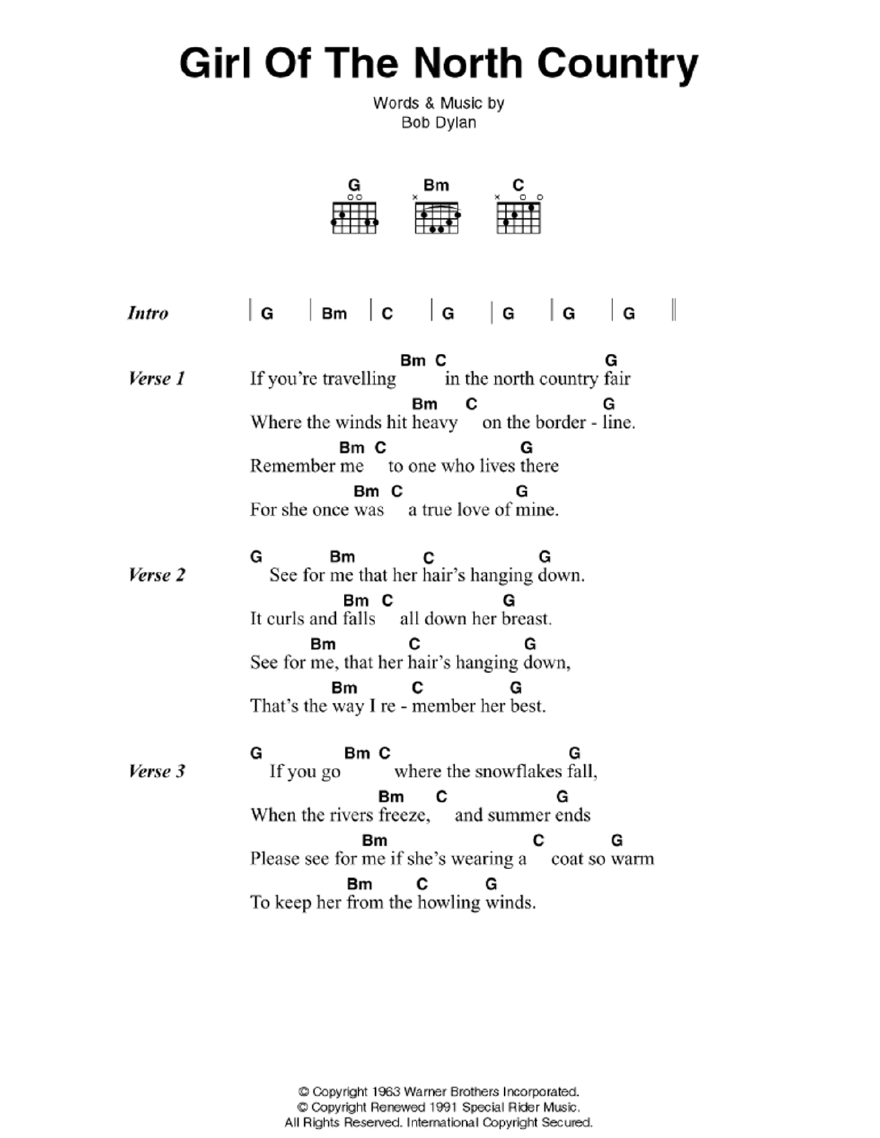 Bob Dylan Girl Of The North Country sheet music notes and chords. Download Printable PDF.